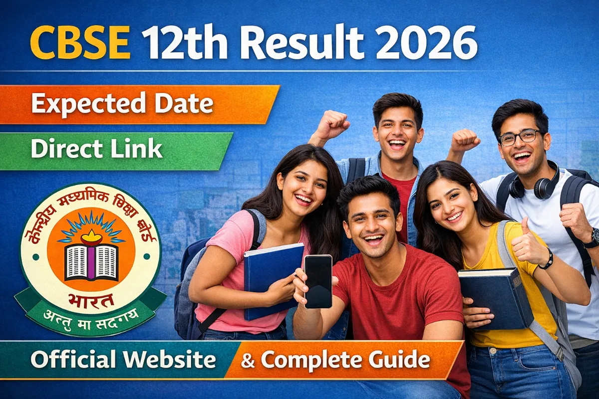 CBSE 12th Result 2026 expected date direct link official website guide with CBSE logo and students celebrating result