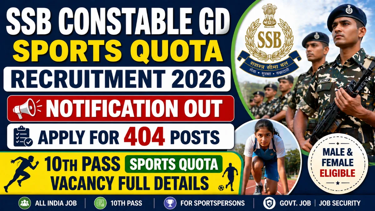 SSB Constable GD Sports Quota Recruitment 2026 image showing notification out apply for 404 posts with 10th pass sports quota vacancy and full details for male and female candidates