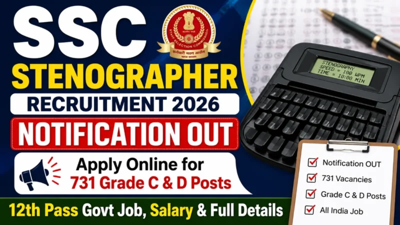 SSC Stenographer Recruitment 2026 Notification OUT : Apply Online for 731 Grade C & D Posts, 12th Pass Govt Job, Salary & Full Details