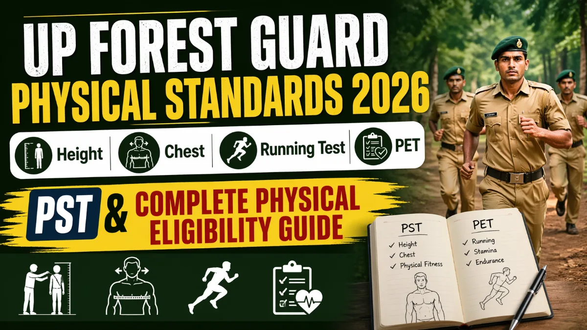 UP Forest Guard Physical Standards 2026 image showing height chest running test PET PST complete physical eligibility guide for Forest Guard recruitment candidates