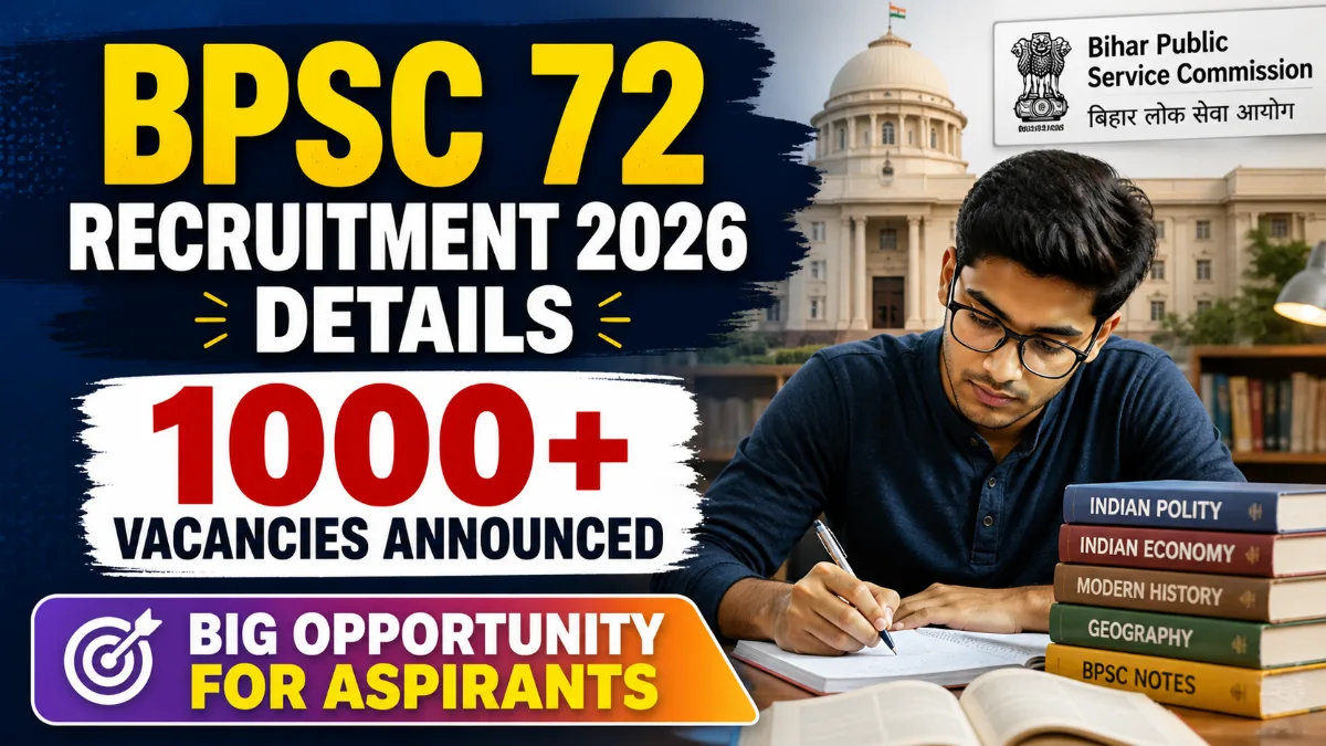 BPSC 72 Recruitment 2026 details image showing 1000 plus vacancies announced for Bihar government jobs aspirants
