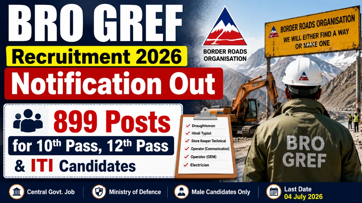 BRO GREF Recruitment 2026 Notification Out image showing 899 posts for 10th Pass, 12th Pass and ITI candidates under Border Roads Organisation recruitment.