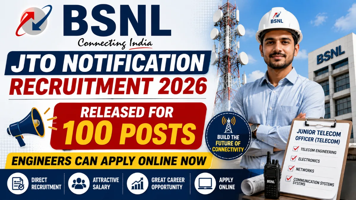 BSNL JTO Notification Recruitment 2026 banner showing 100 telecom officer posts and online application details for engineers