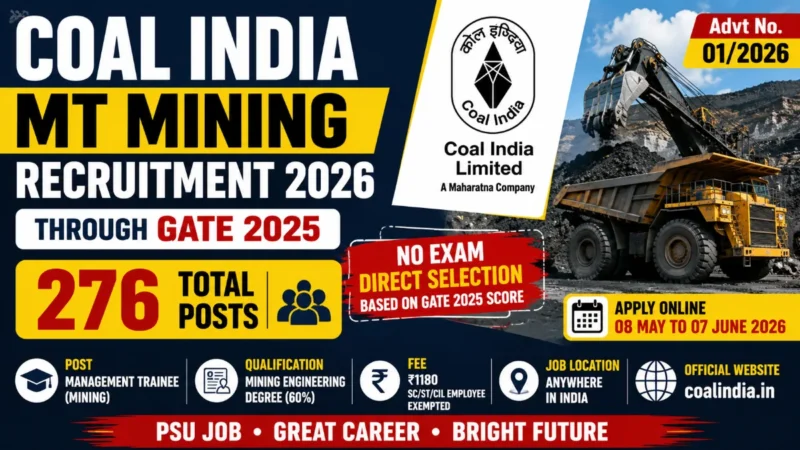 Coal India MT Mining Recruitment 2026 Through GATE 2025: Apply Online for 276 Posts, Direct PSU Job Without Exam