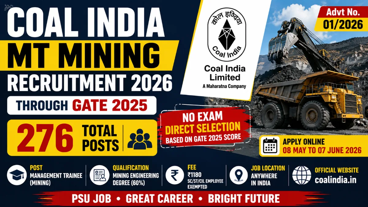 Coal India MT Mining Recruitment 2026 through GATE 2025 apply online 276 posts no exam direct selection