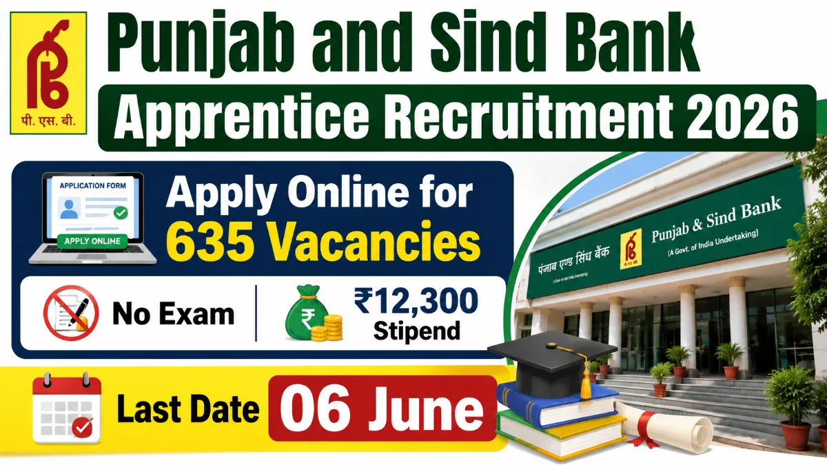 Punjab and Sind Bank Apprentice Recruitment 2026 image showing 635 apprentice vacancies, no exam selection process, ₹12,300 stipend and application deadline of 06 June.