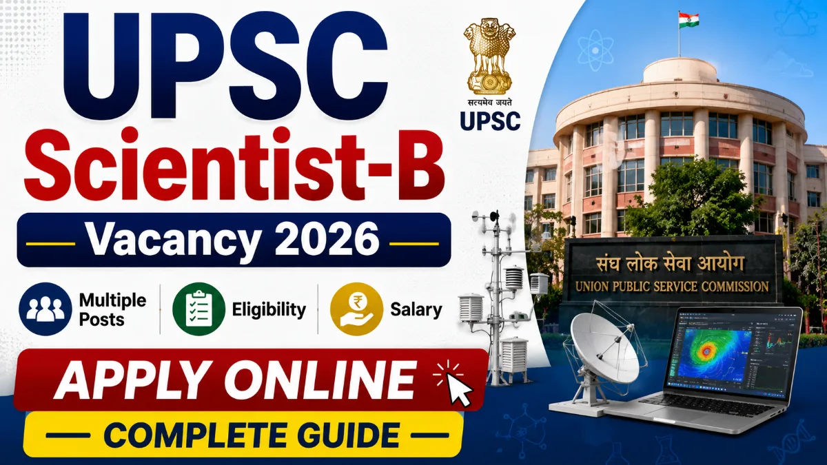UPSC Scientist-B Vacancy 2026 notification thumbnail showing multiple posts eligibility salary and apply online complete guide