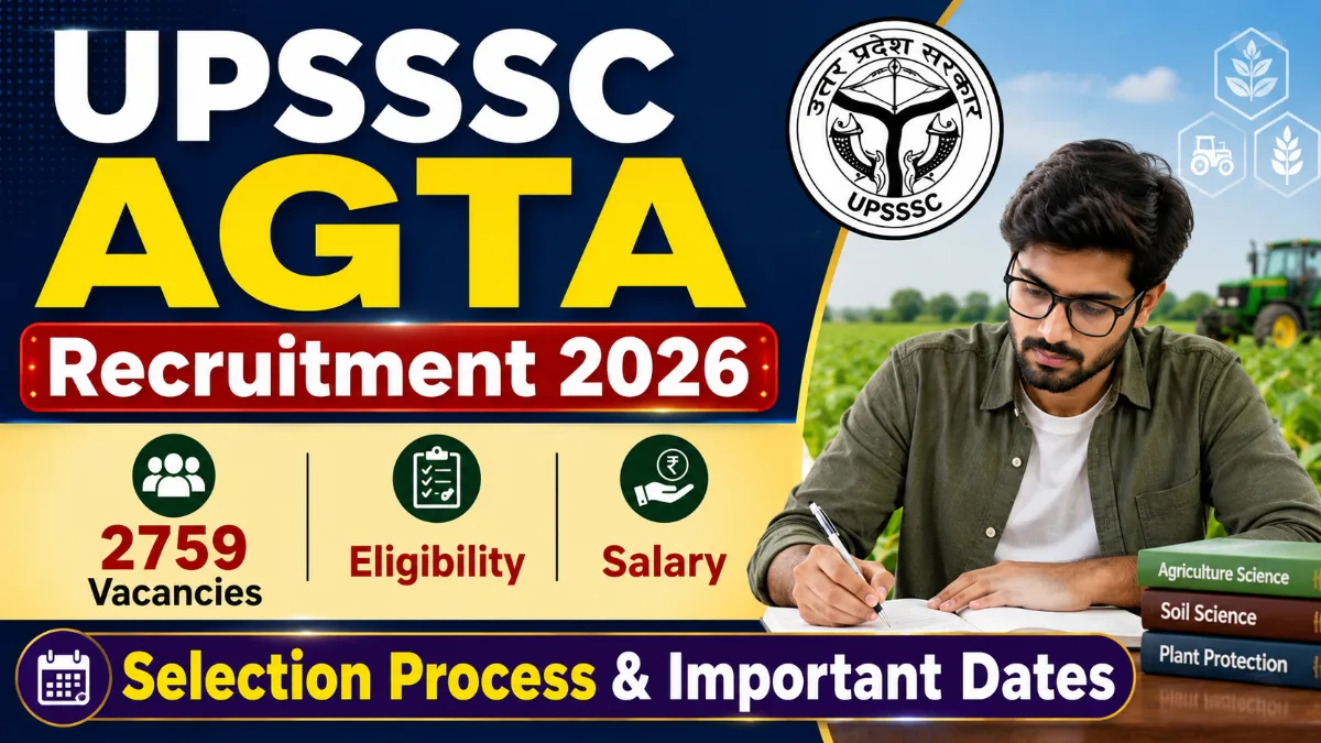 UPSSSC AGTA Recruitment 2026 banner showing 2759 vacancies, eligibility, salary and selection process with agriculture student and official logo