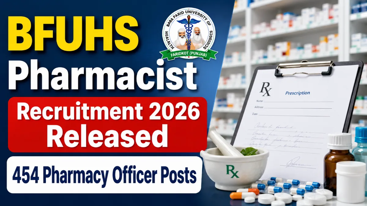 BFUHS Pharmacist Recruitment 2026 released image showing 454 Pharmacy Officer posts announced by Baba Farid University of Health Sciences Punjab.