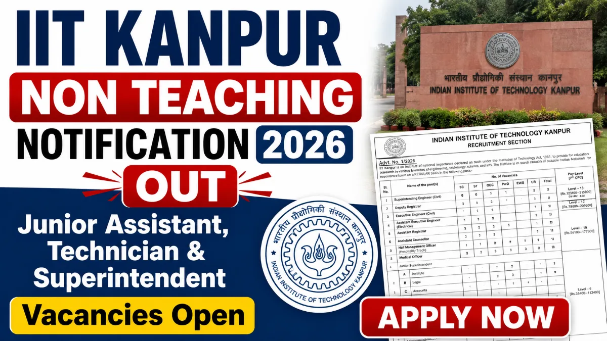 IIT Kanpur Non Teaching Notification 2026 released for Junior Assistant, Junior Technician and Superintendent posts. Check vacancy details, eligibility, salary structure, application process and important dates for IIT Kanpur Recruitment 2026.