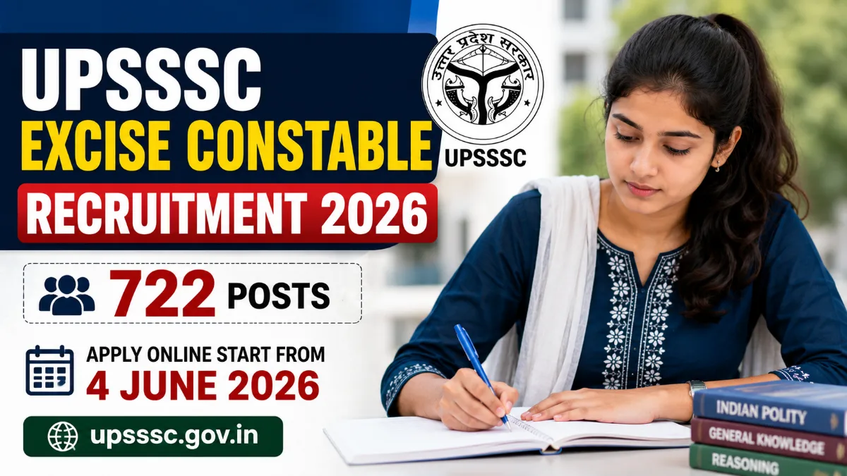 UPSSSC Excise Constable Recruitment 2026 banner showing 722 Abkari Sipahi vacancies, application start date, UPSSSC logo and female candidate preparing for government job examination.